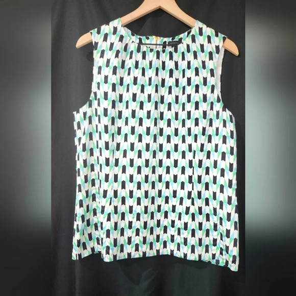 Green Blue Geometric Womens Silk Blend Top Size L Eclectic Artsy Contemporary - Picture 1 of 7